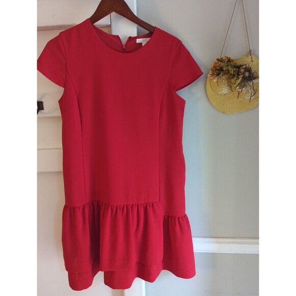 1901 Women's Petite M Bright Red Cap Sleeves Knee Length Ruffle Dress Layered - Picture 2 of 12
